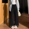 Calça de tricô larga com botões e franjas para mulheres, outono e inverno, cintura alta, fluida, calça reta casual