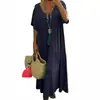 Vestido de comprimento médio com decote V que valoriza a silhueta, saia de algodão e linho para mulheres, loja TikTok Shopee transfronteiriça europeia e americana, tamanhos grandes