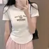 Camiseta de Algodón con Textura de Hilo Manga Corta para Mujer Super Adelgazante Estilo Chica Caliente Diseño Corto Sentido del Diseño Verano Ajuste Delgado Versátil Dobladillo Curvo Top