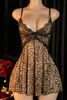 Lencería Erótica de Venta Caliente Transfronteriza, Camisón Sexy, Transparente Apasionado Estampado de Leopardo con Espalda Descubierta y Tirantes, Malla de Encaje con Escote Profundo en V