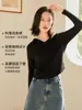Sudadera con Capucha Base para Mujer, Primavera y Otoño, Manga Larga, Ajuste Delgado, Cordón, Prenda en Capas, Top Delgado para Usar por Dentro o por Fuera, Camiseta de Manga Larga con Cuello en V