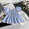 Traje Nuevo para Bebé Niña Estilo Coreano Dulce Top de Cuadros Azules Shorts para Niños Moderno y Lindo Conjunto de Dos Piezas