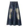 Saia Midi Jeans Color Block Desgastada com Barra Irregular Estilo Europeu para Mulheres, Verão 2026, Cintura Alta, Solta, Emagrecimento
