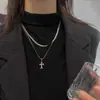 Colar Pingente Cruz Dupla Camada Empilhada Aço Titânio Estilo Europeu e Americano Luxo Leve Design de Nicho Acessórios de Corrente para Suéter Feminino