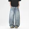 Jeans Retrô Americano High Street Tingido Sujo com Grafite para Homens e Mulheres, Marca de Moda de Rua, Calças Largas Casuais Descoladas e Estilosas