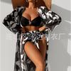 Traje de baño de exportación europeo y americano 2023 para mujer, conjunto bikini de tres piezas dividido con manga larga de malla, estampado transfronterizo