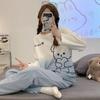 Pijama de manga comprida feminino primavera e outono simples estilo coreano ins estilo alto grau jovem solto gola redonda casa outono e inverno terno
