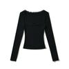 BT859-24 Verão Novo Estilo Coreano Pure Desire Estilo Menina Fresca Gola Rendada Grande Gola Quadrada Casual Manga Longa Camiseta