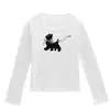 Camiseta blanca de manga larga con cuello en U para mujer, nuevo estilo primavera y otoño, estampado de gato de dibujos animados, top ajustado