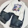 Pantalones largos de mezclilla de otoño transfronterizos para niños, pantalones de pierna ancha con estampado de estrellas, pantalones versátiles para niños pequeños, estilo moderno