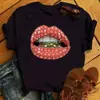 Moda Estilo Europeo y Americano Talla Grande Sexy para Mujer Labios Rojos con Diamantes Estampado de Dibujos Animados Dama Negro Cuello Redondo