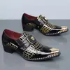 Sapatos Masculinos de Couro de Tamanho Grande para Travessia de Fronteira com Padrão de Crocodilo, Bico Fino Metálico, Salto Robusto, Sapatos Monk Strap, Sapatos Formais de Couro Slip-On para Festa em Boate