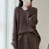 Suéter feminino casual de outono e inverno, 100% lã, com gola estilosa de franjas, corte solto e ombros caídos, atacado