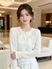 Cárdigan de Punto Hueco con Botones de Perla Estilo Francés Nanyou para Mujer, Abrigo Suéter Blanco de Cuello Redondo, Estilo Holgado, Delgado y Suave