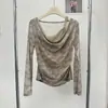 Camiseta de manga larga con cuello alto y efecto tie-dye estilo francés, dos piezas falsas, para mujer, otoño 2026, empalme de encaje, cintura plisada, efecto adelgazante