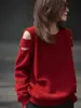Suéter de Punto de Lana Pura Hombros Descubiertos Estilo Socialité para Mujer, Doble Hilo Engrosado, Suéter Rojo para Abrigo, Capa Base Versátil de Cachemira