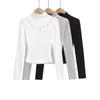 2025 Primavera y Otoño Nuevo Camiseta Base de Corte Slim Estilo Americano para Mujer Top Corto con Cuello Medio Alto de Pedrería Camiseta de Manga Larga