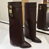 Botas Largas con Hebilla de Metal Calzado Femenino de Comercio Exterior Botas Altas para Pantalón Tacón de Cuña Botas de Montar Tacón de Aguja Talla Grande Botas Hasta la Rodilla