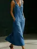 Vestido jeans estilo europeu e americano, vestido longo de verão liso com botões diagonais e alças largas, vestuário feminino transfronteiriço da Amazon