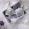 Sutiã Lingerie Patchwork Color Block Bordado com Manga Bufante Personalizado Confortável Respirável Com Bojo Fino Conjunto de Lingerie Feminino