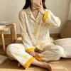 Pijama de Algodão Imitado para Mulheres, Manga Longa e Calça Longa, Cardigã para Primavera e Outono, Estilo Casual Simples de Alta Qualidade, Conjunto de Pijama Plus Size para Mulheres