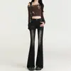 Jeans Acampanados Negros de Cintura Media Estilo Retro Americano para Mujer, Nuevos Pantalones de Campana Elásticos Ajustados para Otoño e Invierno, de Largo Completo