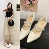 Sapatos femininos de boca rasa com strass e salto grosso para primavera e outono, estilo Mary Jane 2026, novo modelo versátil, bico fino