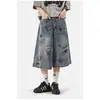 Pantalones Cortos de Mezclilla Finos de Verano para Hombre Estilo Americano Retro Sueltos de Longitud Media Pantalones de Cinco Puntos Versátiles de Calle Tendencia Graffiti