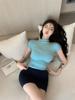 [Atacado Internacional] Camiseta Azul Justa com Efeito Emagrecedor Manga Curta Gola Alta Meia Sexy Elástica Top Camada de Baixo