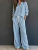2026 Novo Moda Feminina Europeia e Americana Transfronteiriça Estilo Casual Preguiçoso Retrô Conjunto de Camisa de Manga Longa e Calça Cor Sólida Waffle para Mulheres