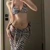 Bikini de tres piezas con estampado de cebra europeo y americano con falda larga, malla, estilo sexy de chica caliente, deseo puro, vacaciones en la playa, estampado, que cubre el cuerpo