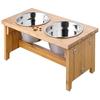 Comedouro para animais de estimação com tamanho ajustável, com 2 tigelas de metal e base com almofada de silicone, possui design simples e elegante.