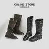 Botas Longas Acima do Joelho de Couro Plissadas Empilhadas de Salto Alto Moda para Mulheres 2026 Novas Botas de Equitação com Solado Grosso e Salto Bloco