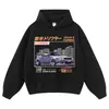 Moletom com Capuz Vintage Lavado com Estampa de Carro Esportivo Japonês, Estilo High Street, Blusa Trendy Oversized Solta de Marca Atacado