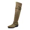 Fivela de Cinto Salto Médio Salto Bloco Botas de Cano Alto Estilo Fino 2026 Novas Botas Emagrecedoras de Outono Camurça Dupla Marrom Botas Simples Botas Longas Mulher