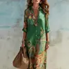 2026 Transfronterizo Europeo y Americano Verano Nuevo Estilo Vacaciones en la Playa Azul Claro Vintage Artístico Estampado Vestido Camisa Largo
