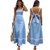 Verão 2026 Mais Vendido Azul Claro Moda Feminina Europeia e Americana Transfronteiriça Alça Franzida Vestido Longo de Férias Elegante