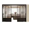 Puerta corredera de tres paneles estilo francés negro retro para cocina, balcón, puerta de partición de dormitorio, riel colgante de aleación de aluminio, puerta corredera