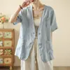 Jaqueta Suit de Manga Curta de Algodão e Linho Estilo Novo Primavera e Verão para Mulheres, Cardigan Outerwear Elegante de Cor Sólida com Botão Único