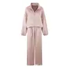 Moda estilo europeo versátil holgado adelgazante rosa satín cremallera chaqueta deportiva cintura elástica pantalones de pierna ancha conjunto mujer