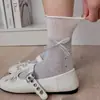 Calcetines de encaje suaves para niñas en blanco y azul, calcetines holgados estilo universitario con lazos, calcetines de verano finos de malla hasta la mitad de la pantorrilla para mujer