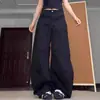 Calça Jeans Scimitar Deconstruída Preta Plissada para Mulheres Outono e Inverno Novo Estilo Cintura Baixa Solta Perna Larga Efeito Emagrecedor Calça Drapeada Comprimento Total