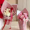 Papel de Presente Shangjin Xadrez Retrô com Laço e Estampa de Gatinho, Papel de Presente Buquê de Flores, Papel de Presente Xadrez Vermelho e Branco com Flores