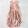 Vestido Casual de Algodão Puro com Estampa Digital Nova, Gola Redonda, Sem Mangas, Comprimento Médio, Para Mulheres, Verão na Praia