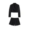Blazer Corto con Adorno de Encaje Estilo Europeo y Americano de Primavera/Verano 2026 Conjunto Elegante de Shorts Casuales de Cintura Alta