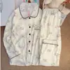 Pijama Feminino de Outono Gola de Boneco Desenho Animado Manga Longa Calça Longa Algodão Nuvem Fofo Roupa de Casa Conjunto de Duas Peças Solto