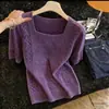Top de Punto Cuadrado Retro de Manga Corta para Mujer, Nuevo Diseño de Verano 2026, Blusa Única Calada Adelgazante y Hermosa