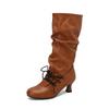Moda Transfronteiriça Outono e Inverno 2025 Salto Alto 40-50 Tamanho Grande Cadarço Frontal Manga Plissada Botas Altas para Mulheres