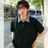 Camisa polo xadrez cinza em patchwork de manga curta para homens, estilo casual americano de verão, corte justo, camiseta com ombro normal