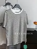 Camiseta de Manga Corta a Rayas Color Block de Lyocell Tencel para Mujer, Camiseta Casual Holgada de Cuello Redondo, Camiseta Básica de Moda, Primavera/Verano 2026
